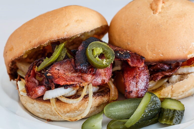 burger, bacon, snack
